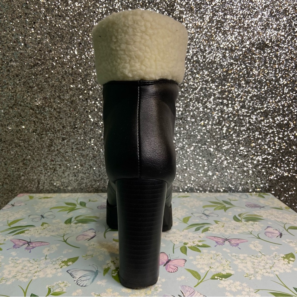 Faux Fur/ Leather Chunk Heel Combat Boots - Picture 7 of 10